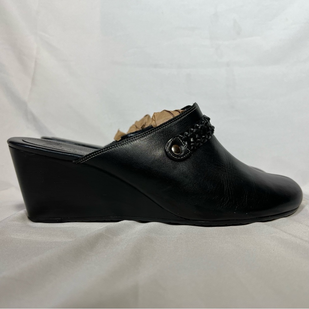 Cole Haan Black Leather Wedge Slip-On Clogs Mules Woven Strap Detail Size 9.5 - Picture 4 of 15
